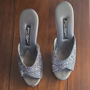 Betsey Johnson Silver Glitter Mules with Crisscross Straps